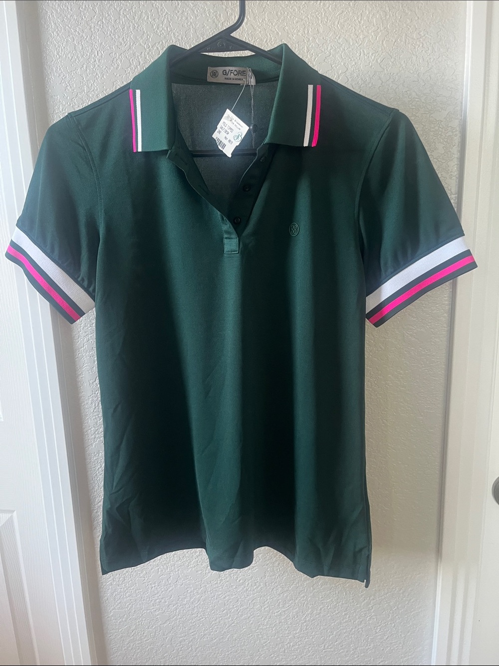 G/FORE Womens Golf Shirt Green Polo with Pink & White Trim NWT size M